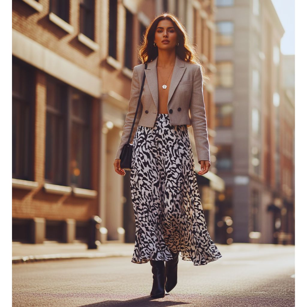 Woman wearing a cropped blazer and printed maxi skirt, exuding a bold, fashion-forward vibe.