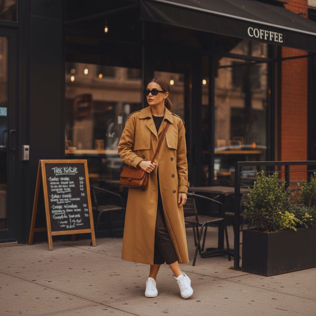 Fashion model posing on a city street with crossed legs, wearing a trench coat and sunglasses for a chic, elegant look.