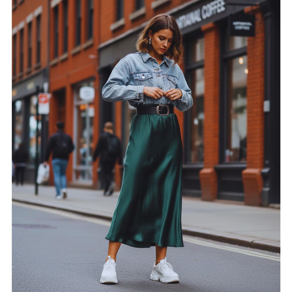 Woman wearing a denim jacket as a top tucked into a maxi skirt, creating an edgy, urban look.