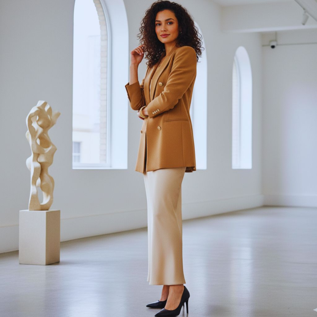 “Camel double-breasted blazer styled with tailored trousers, minimal gold jewelry, and pumps in an elegant neutral interior.”