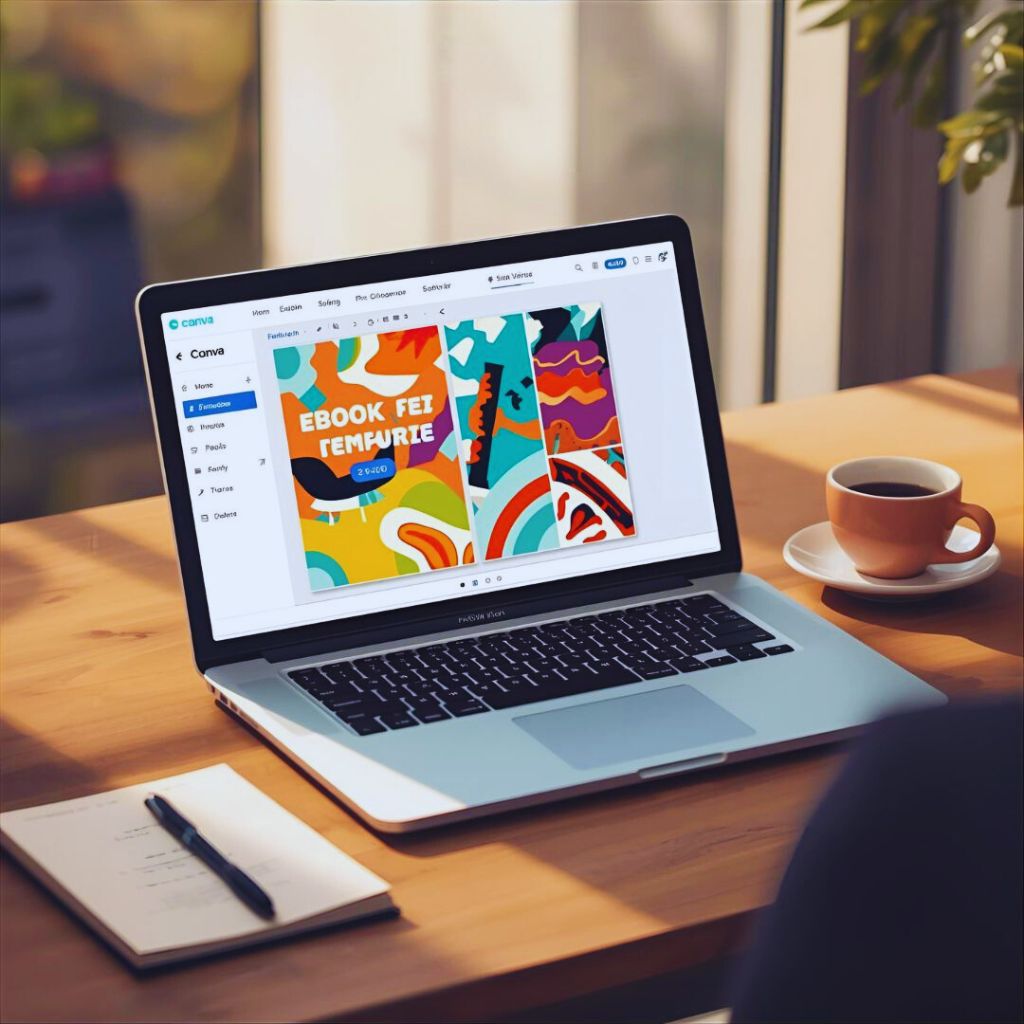 Editable ebook template on a laptop screen with a notebook and coffee cup on the desk.