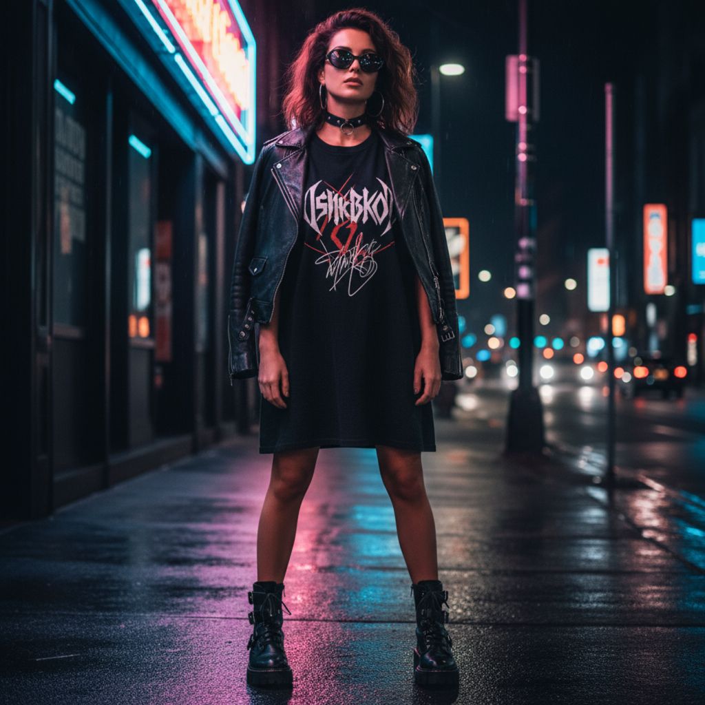 "Woman in black graphic T-shirt dress with leather jacket, combat boots, sunglasses, and choker in urban night setting."