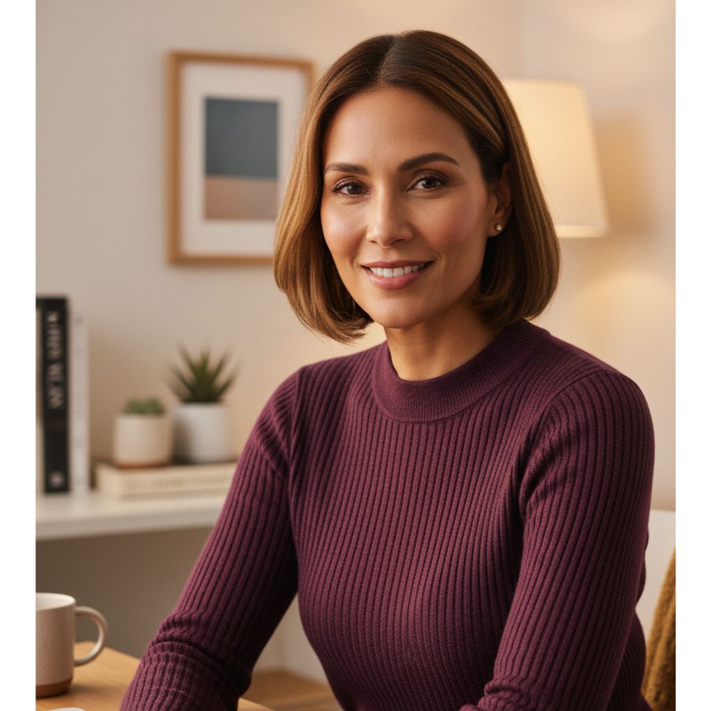 “Woman on a video call wearing a ribbed knit top in jewel tones, seated at a minimalist home office desk, showcasing cozy yet professional Zoom style.”