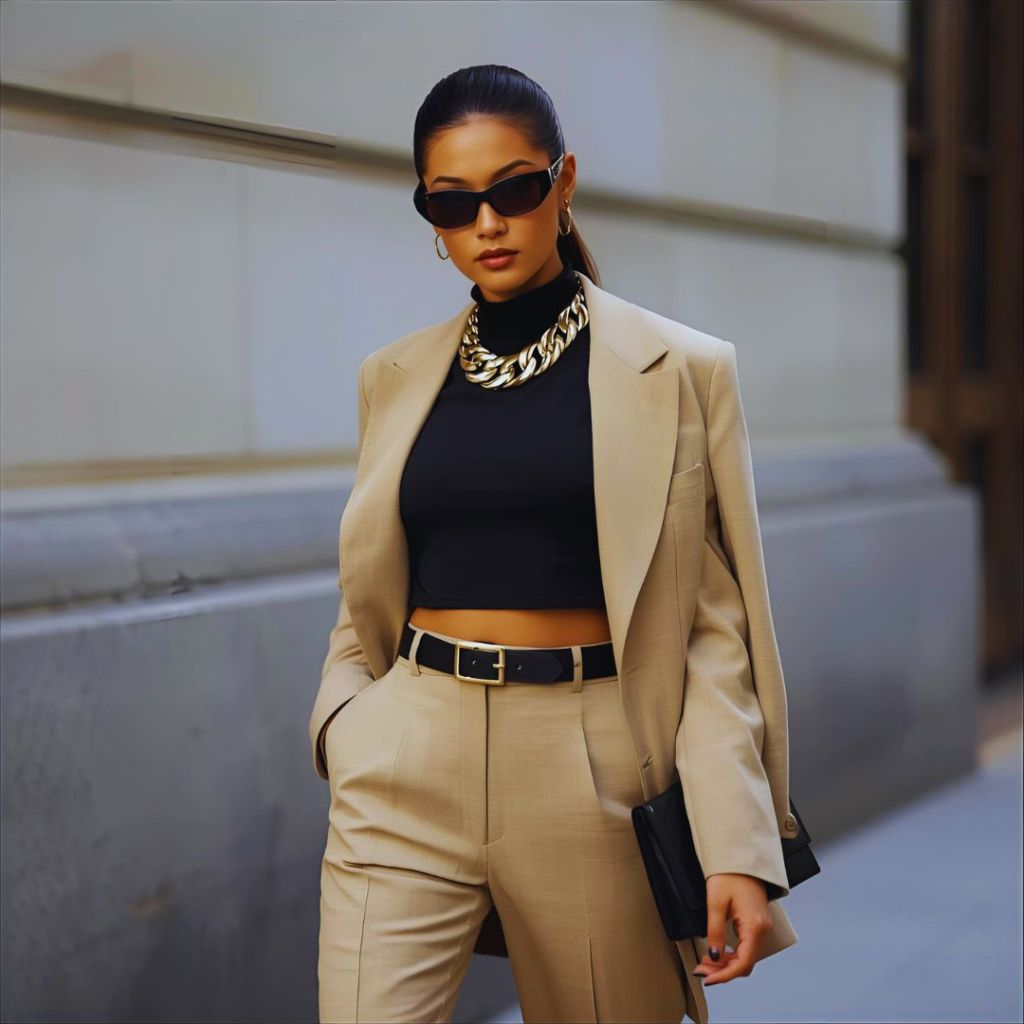 Model in beige trousers, black cropped structured top, and oversized blazer with gold accessories, showcasing minimalist fashion.