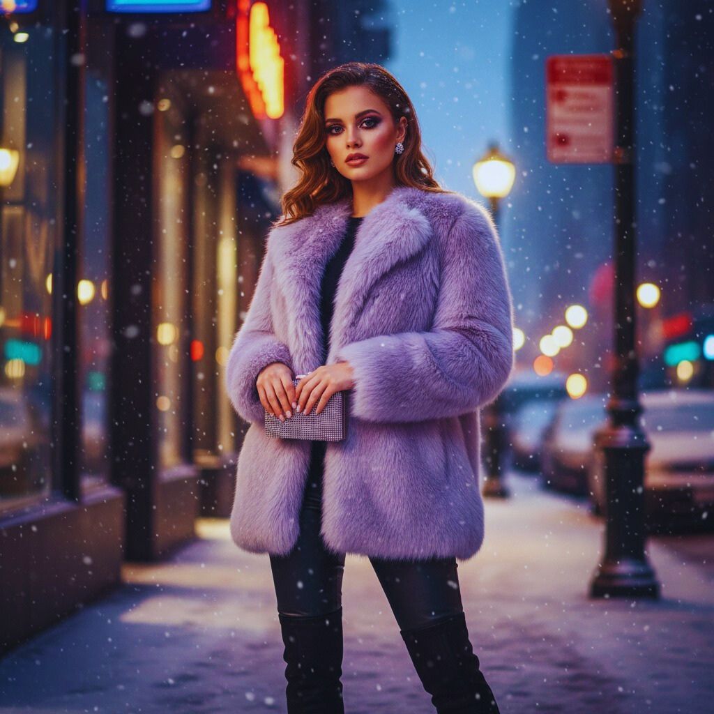 "Woman in pastel lilac faux fur coat with leather pants and knee-high boots posing outdoors in winter."