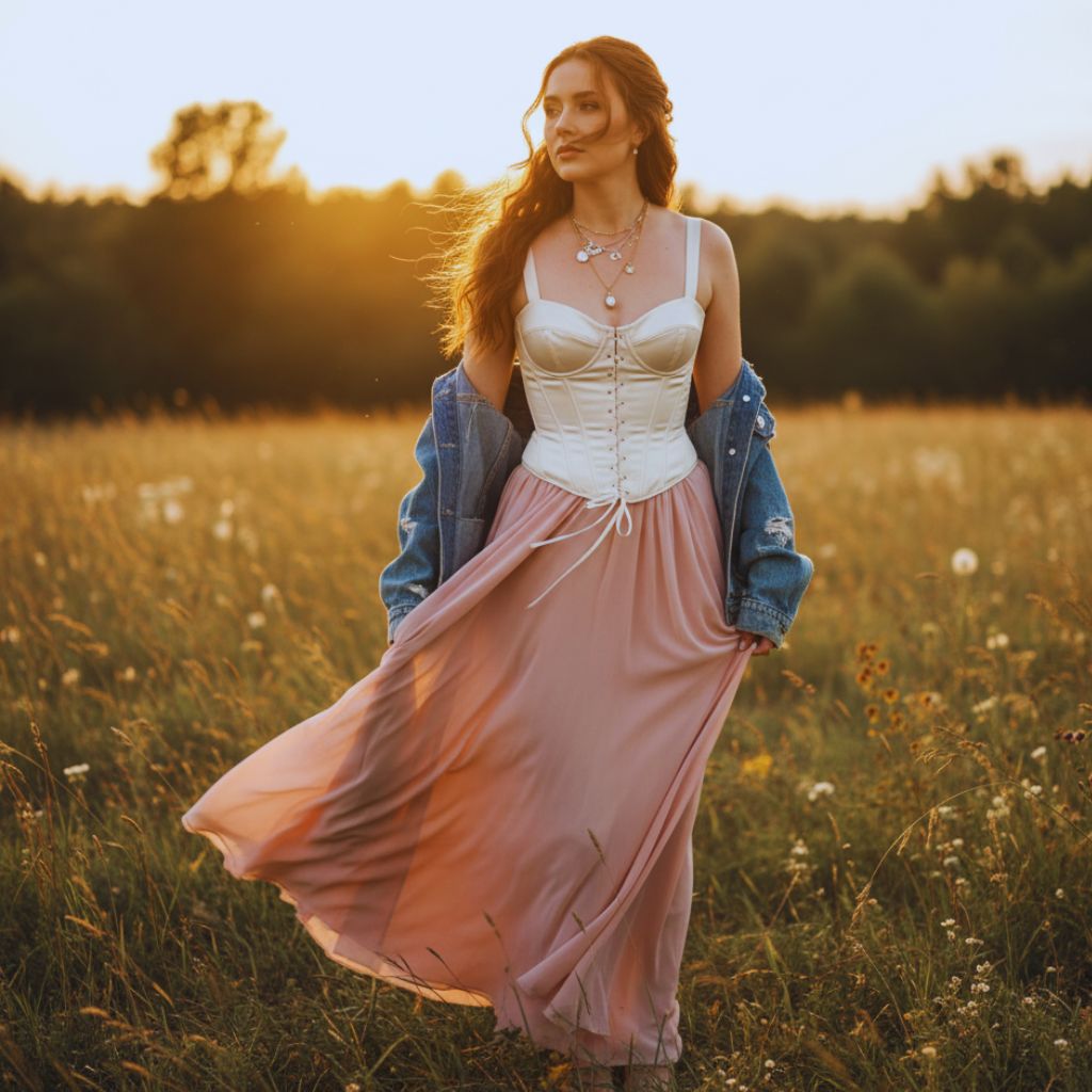 Woman in a lace-up corset top and flowy maxi skirt with layered necklaces, blending elegance and edge.