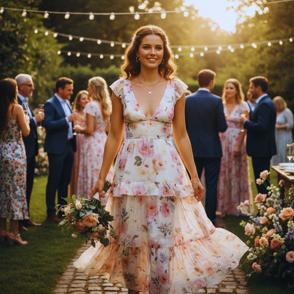 A woman in a floral midi dress enjoying a garden wedding, showcasing a romantic and feminine look.