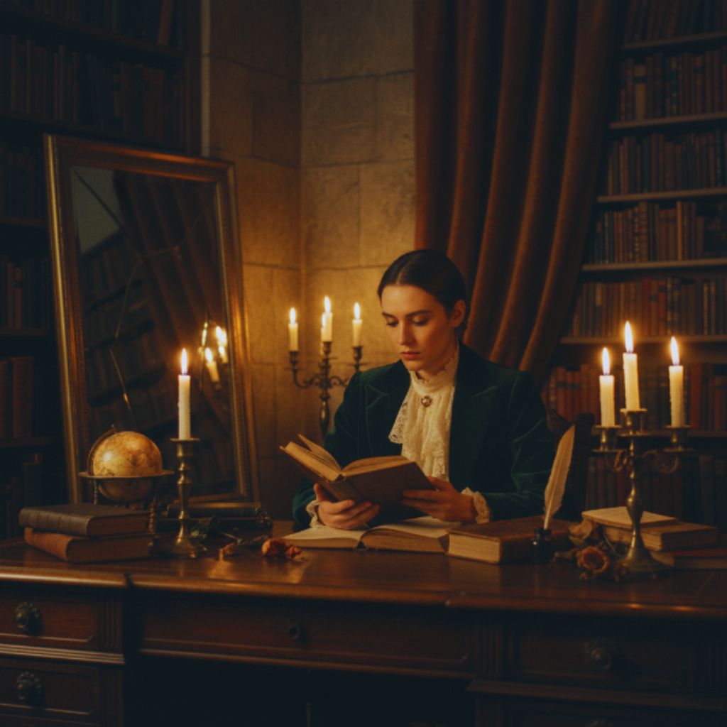 Person in vintage Gothic Castlecore outfit reading by candlelight in an antique study.