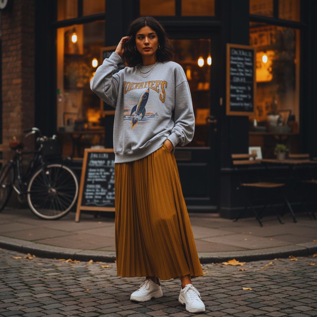 Woman in a graphic sweatshirt and maxi skirt with sneakers, showcasing sporty street style.
