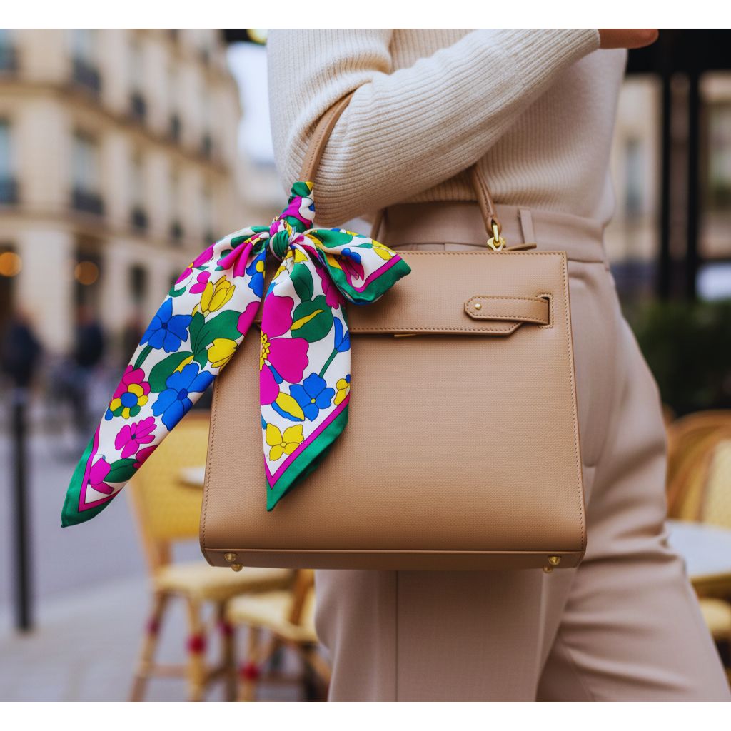 “Neutral handbag with a colorful silk scarf tied around the handle, showcasing Parisian-inspired accessory styling.”