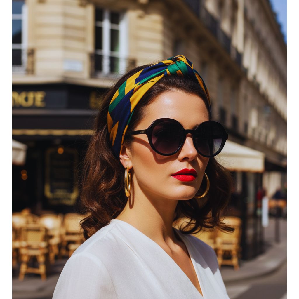 “Woman wearing a silk scarf as a headband with sunglasses and hoop earrings, inspired by retro French fashion.”