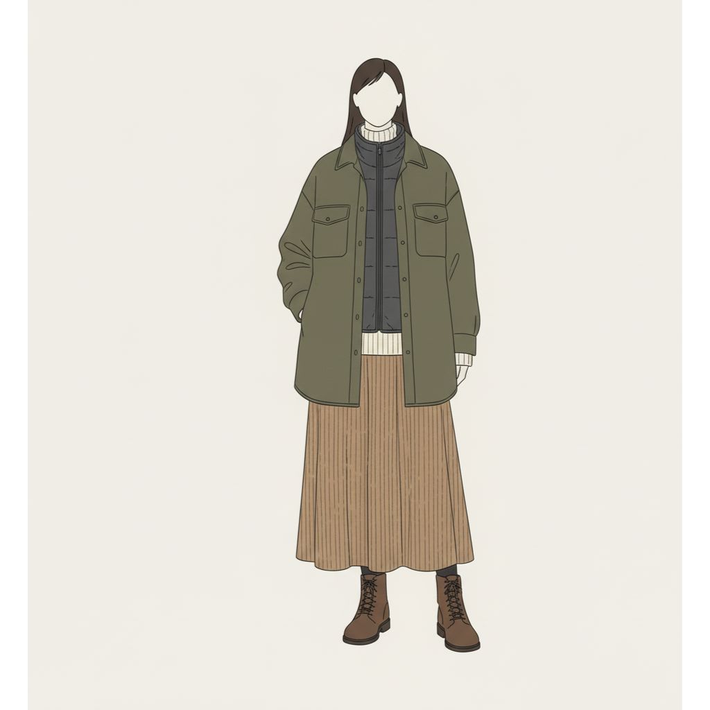“Chunky knit sweater, fleece vest, cardigan, and overshirt layered with trousers and skirts, highlighting texture contrast.”