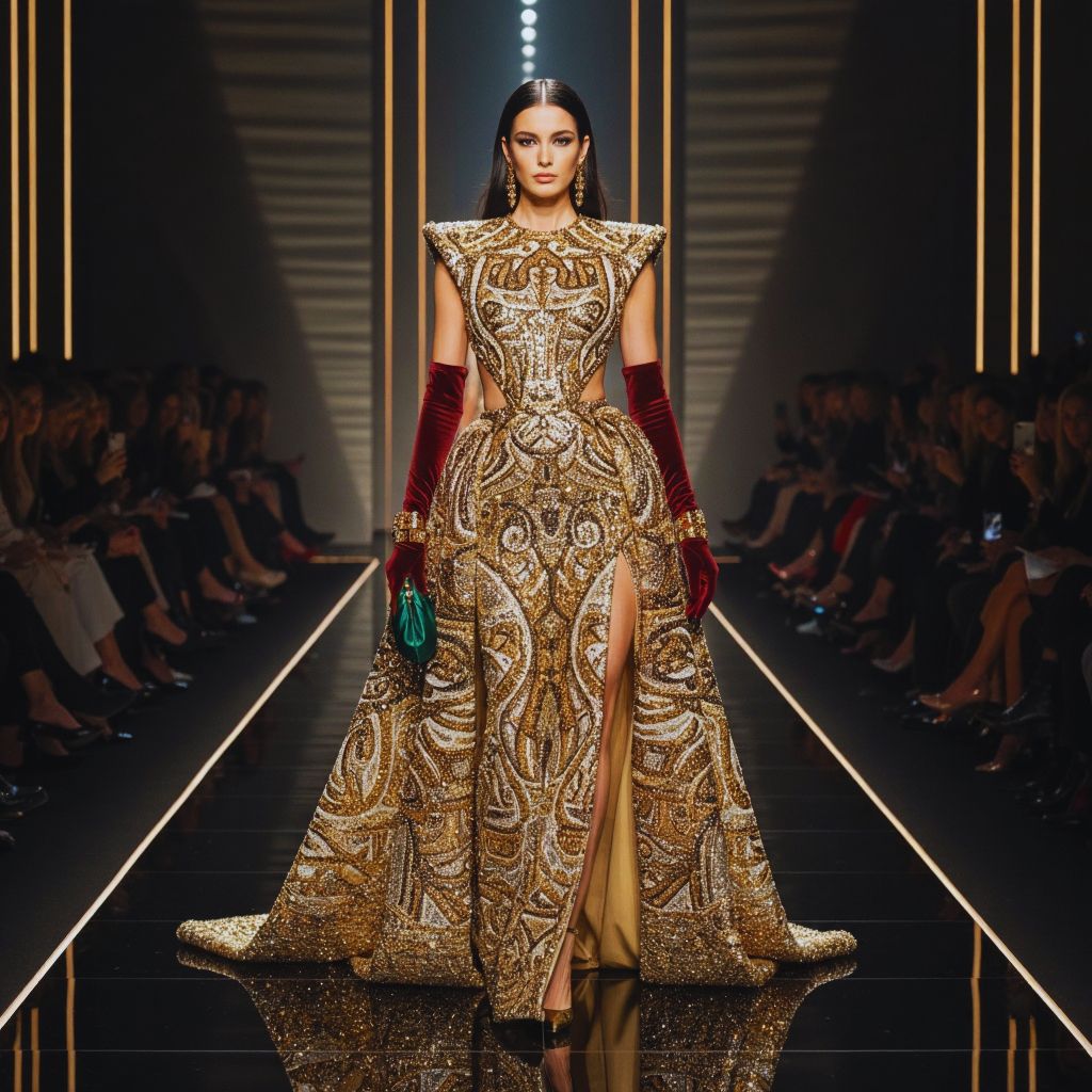 Gold-embellished gown with beaded and mosaic details, styled with velvet accessories, inspired by Klimt’s The Kiss.