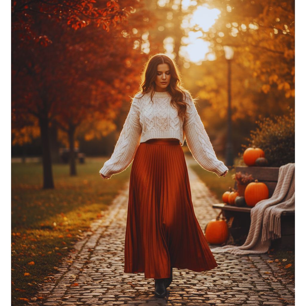 Woman in a knit crop top paired with a flowing maxi skirt, showing a cozy yet elegant style.