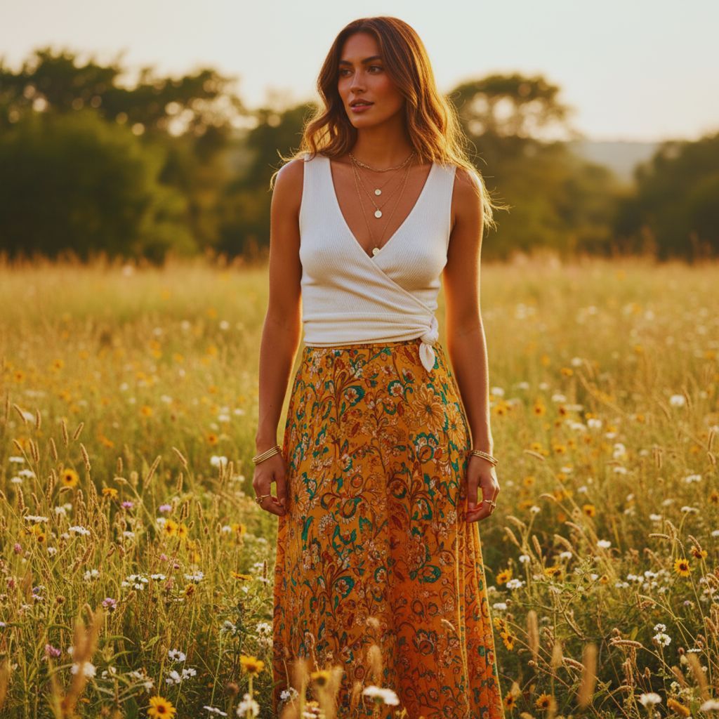 Woman in a knotted tank and printed maxi skirt accessorized with gold jewelry, radiating easy summer style.