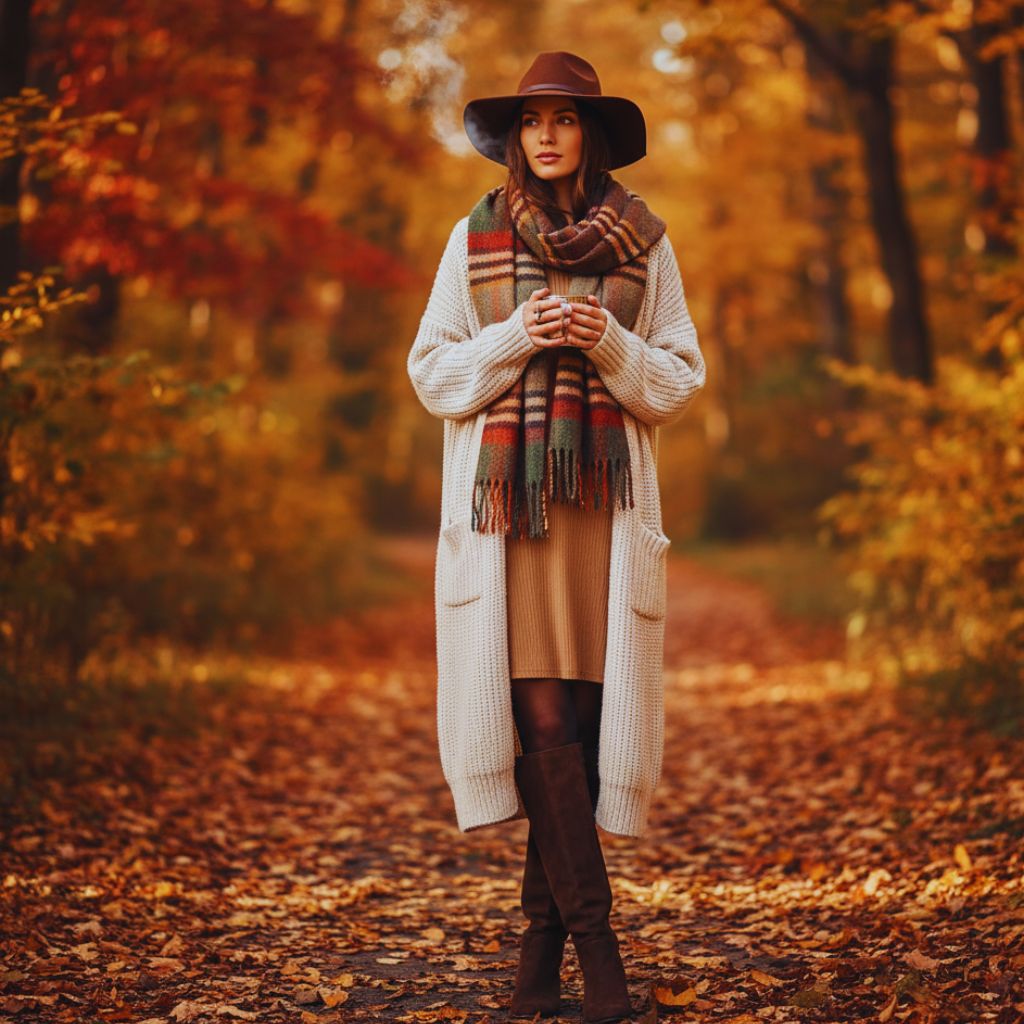 "Woman in tan T-shirt dress, long cardigan, tights, and knee-high boots with wool hat and scarf in a fall setting."