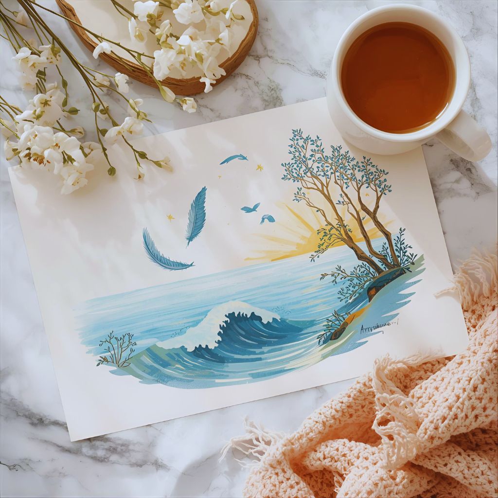 Pastel drawing of waves, feathers, and sunlight on paper, symbolizing inner calm, with cozy surroundings.