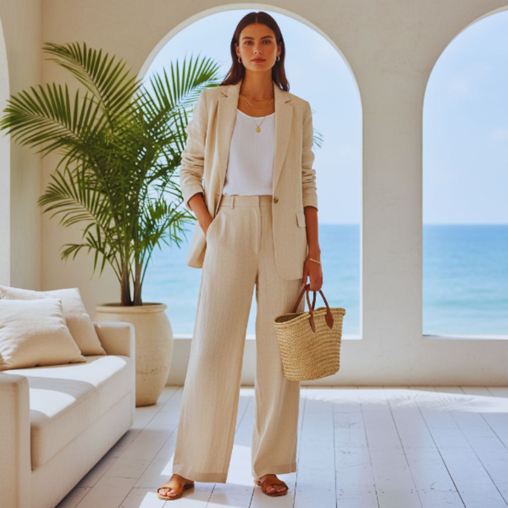 “Cream linen blazer paired with wide-leg trousers, gold jewelry, and a structured tote in a sunlit coastal-inspired room.”