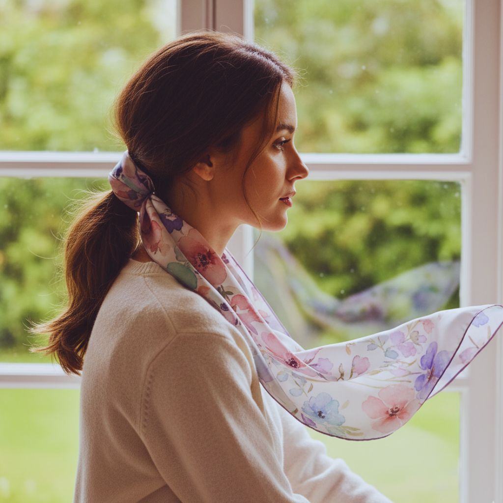 “Close-up of a woman’s low ponytail tied with a silk scarf, creating a chic and effortless hairstyle.”