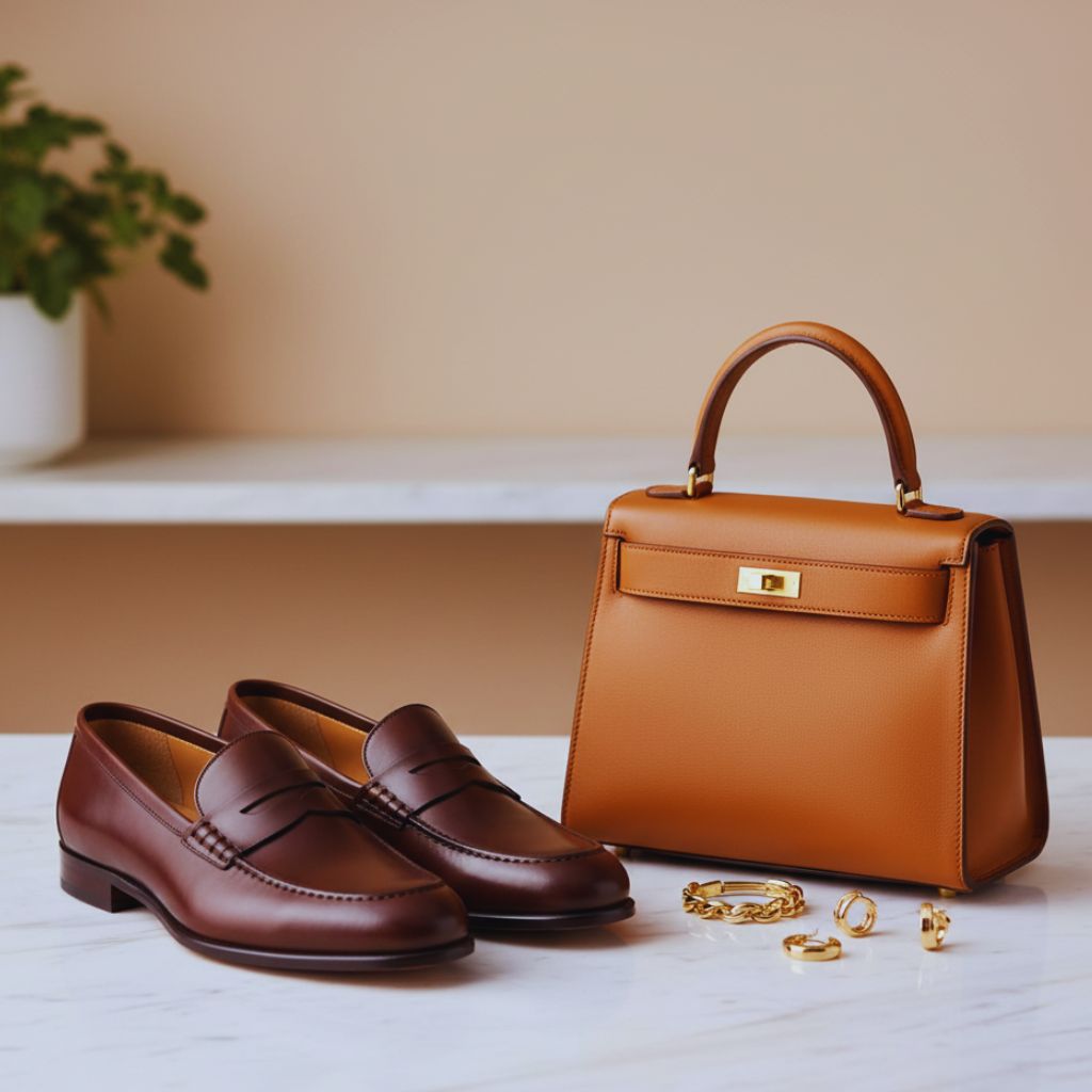 Elegant leather loafers in neutral tones styled with minimalist accessories, representing quiet luxury and versatility for fall 2025.