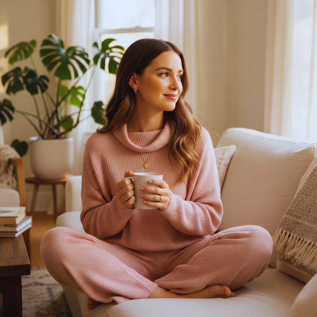 “Woman in a matching knit lounge set, wearing simple jewelry and light makeup, seated comfortably at home for a virtual meeting.”