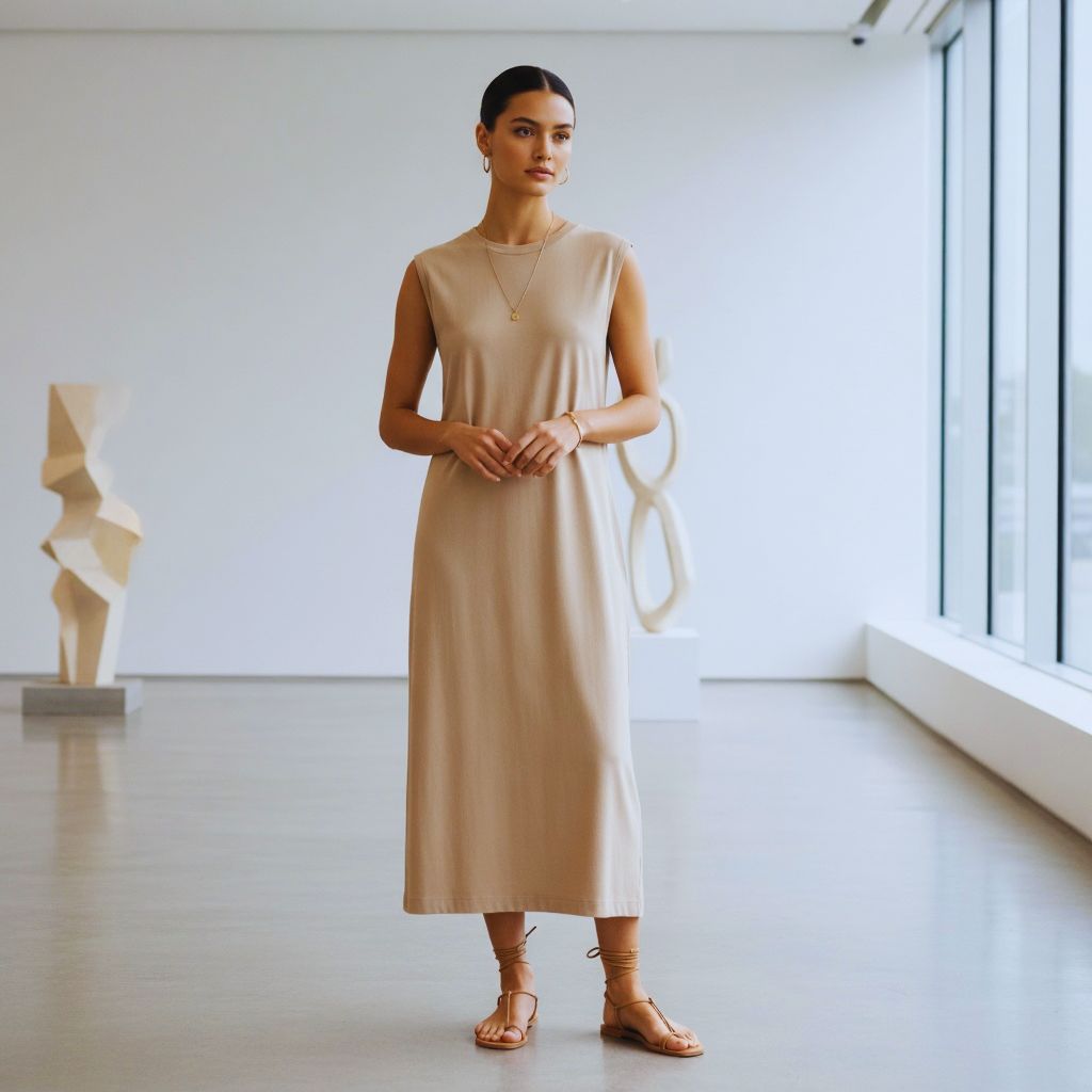 "Woman in monochrome T-shirt dress with neutral sandals, sleek bun, and minimalist gold jewelry in modern indoor setting."