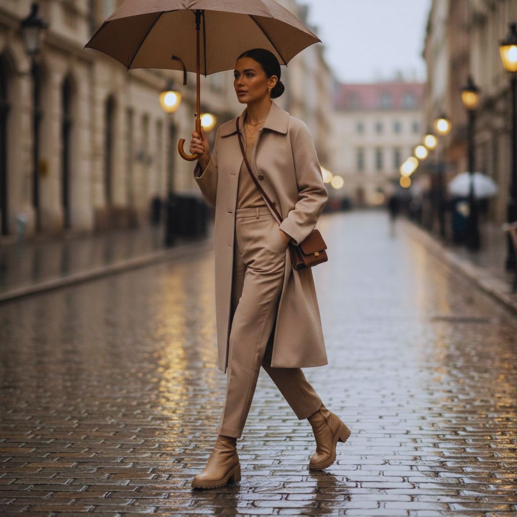Woman wearing beige raincoat, matching trousers, and ankle-length boots for a minimalist monochrome rainy-day outfit.