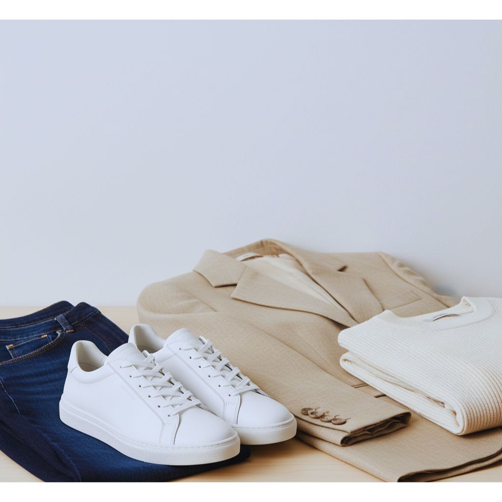 Minimalist leather sneakers in white and beige tones styled with neutral clothing, representing the casual-luxe trend for 2025.