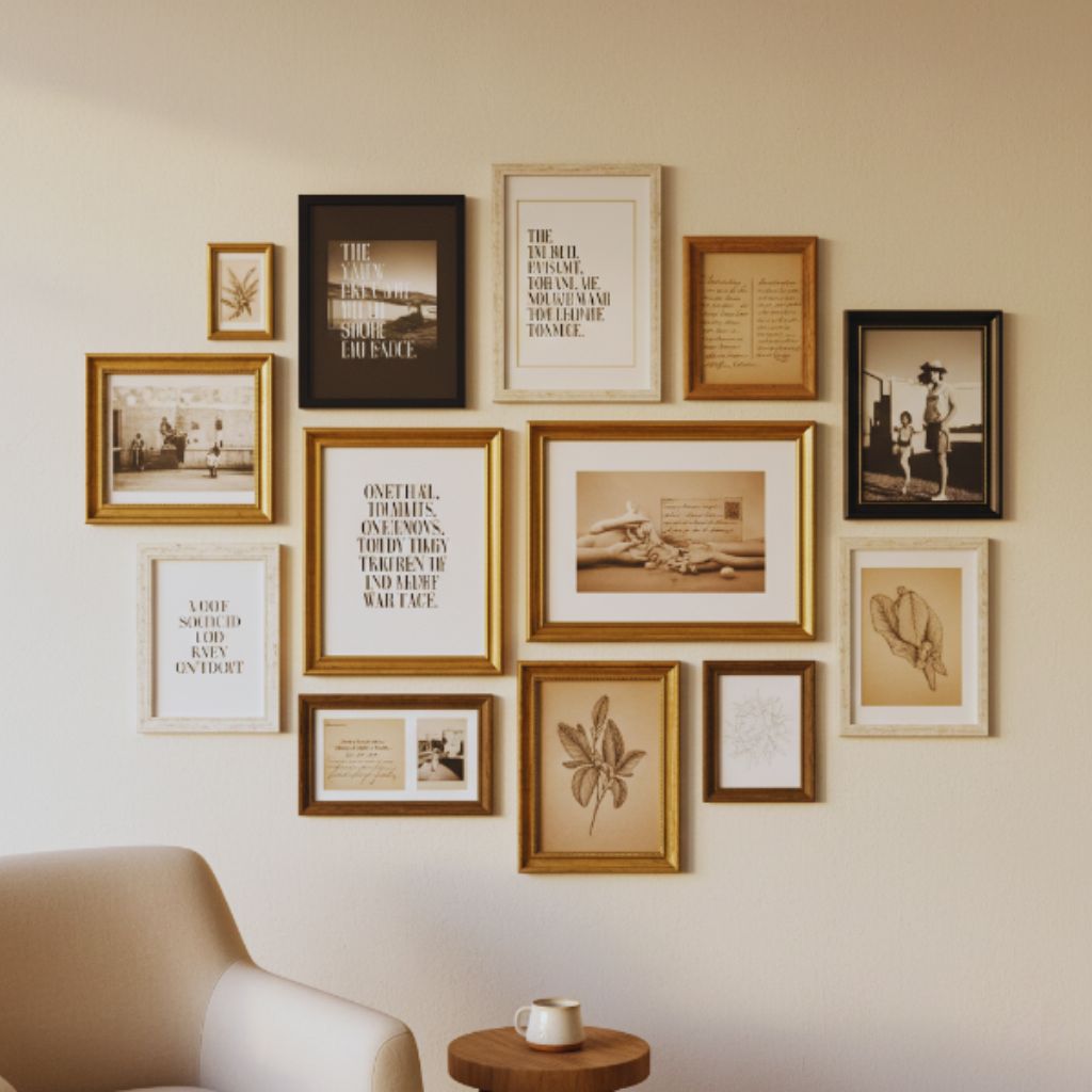 Mixed gallery wall combining quote prints, photos, and vintage art for a layered and personalized decor style.