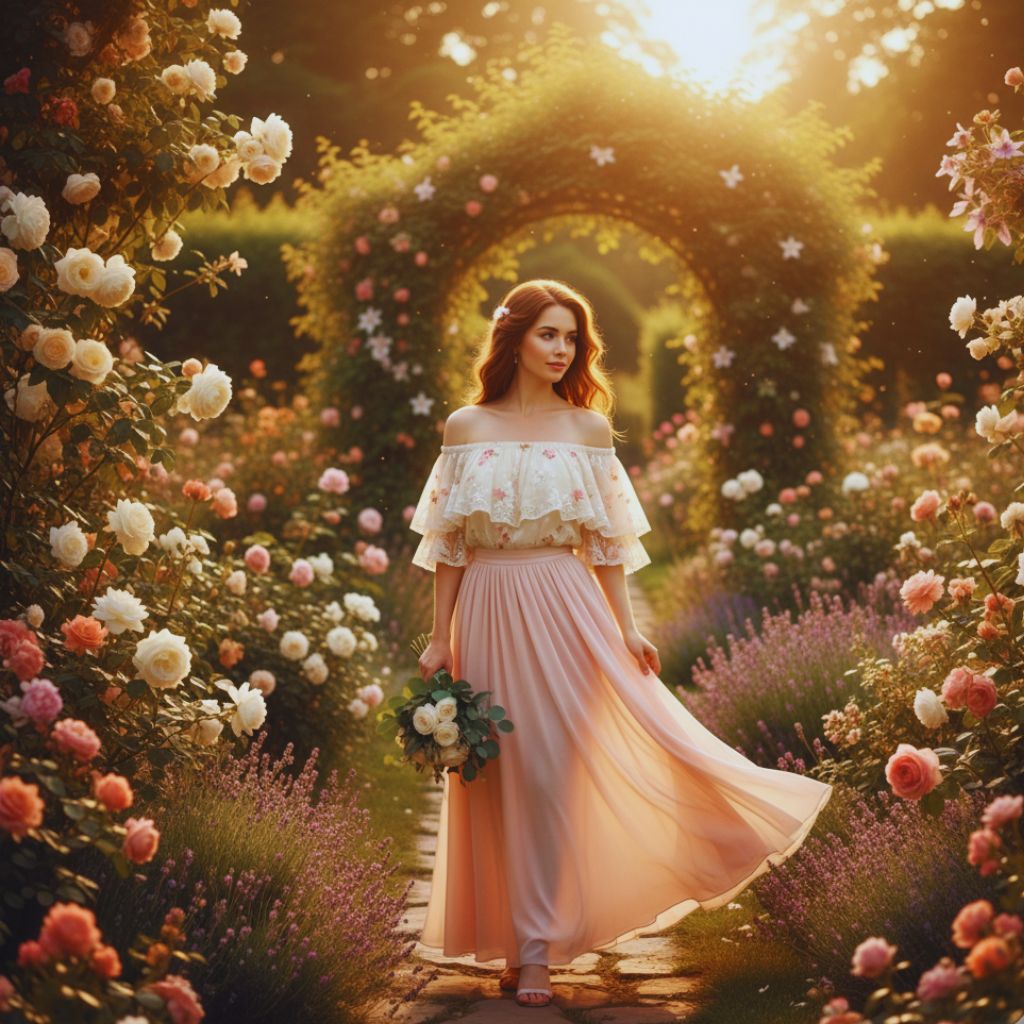 Woman wearing an off-shoulder floral top and maxi skirt in soft natural light, evoking a romantic mood.