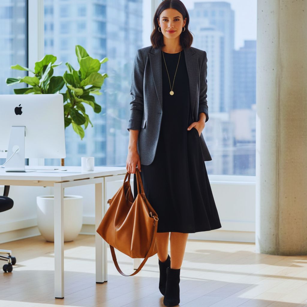 "Woman in black T-shirt dress with blazer, ankle boots, and tote bag in a modern office."