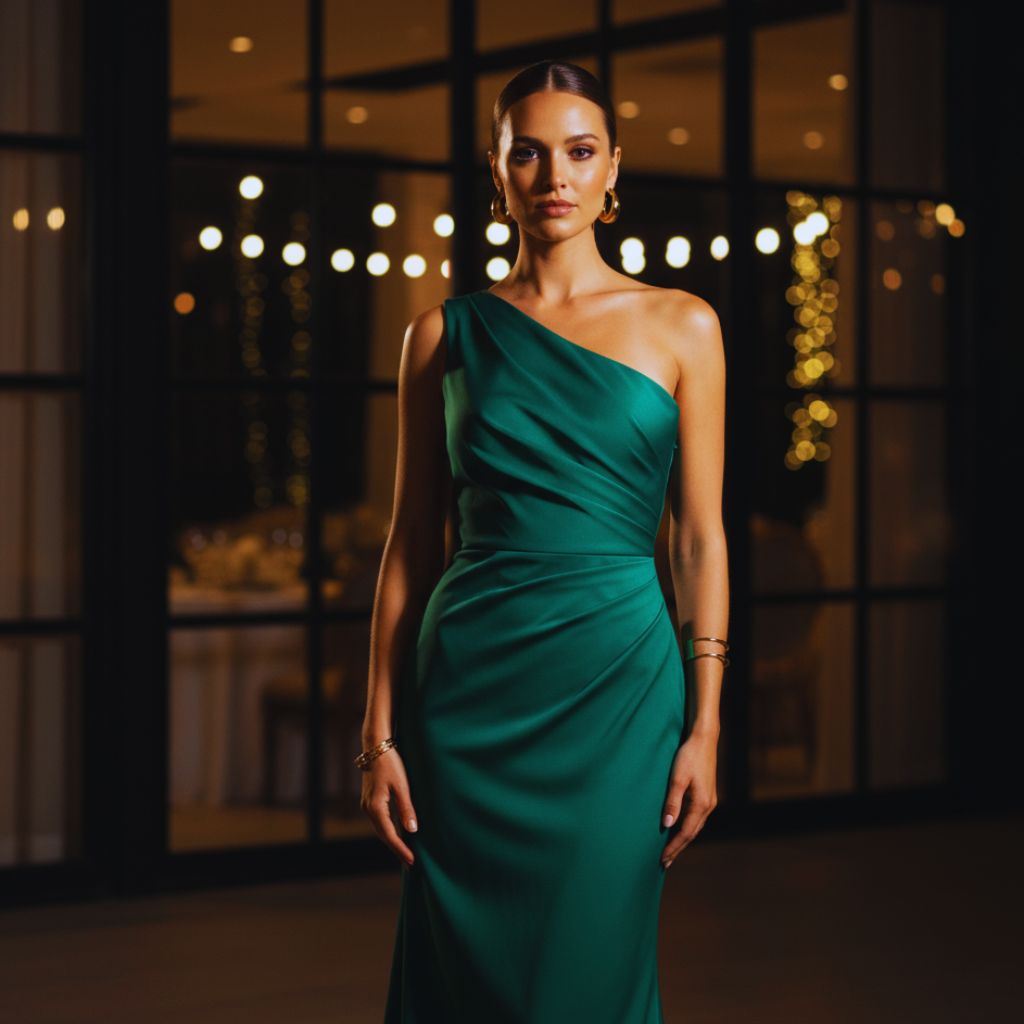A woman wearing a one-shoulder dress with gold jewelry, radiating modern elegance and confidence.