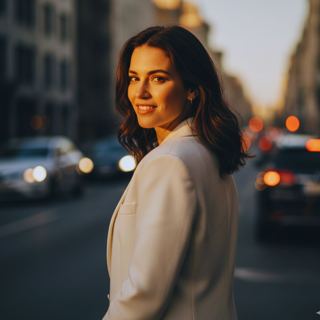 Fashion model looking over her shoulder at the camera, wearing a stylish blazer in an urban setting.
