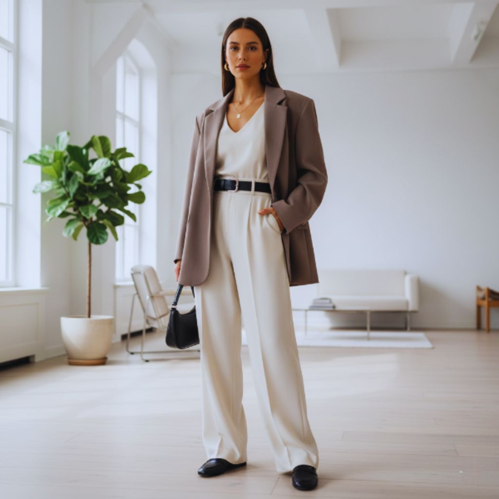 “Oversized taupe blazer worn over a monochrome outfit, cinched with a belt, styled with minimal accessories and loafers indoors.”