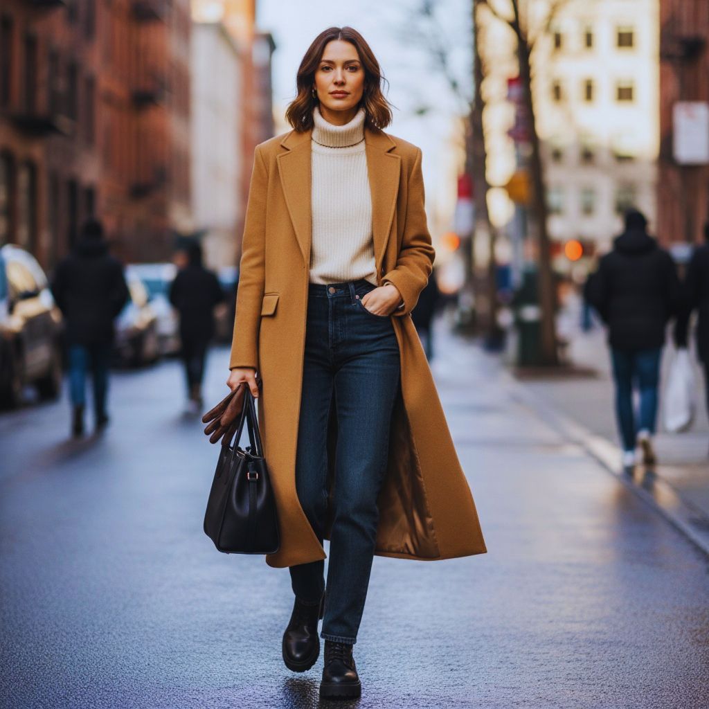 "Woman wearing long camel wool coat over turtleneck and jeans with chunky boots walking down city street."