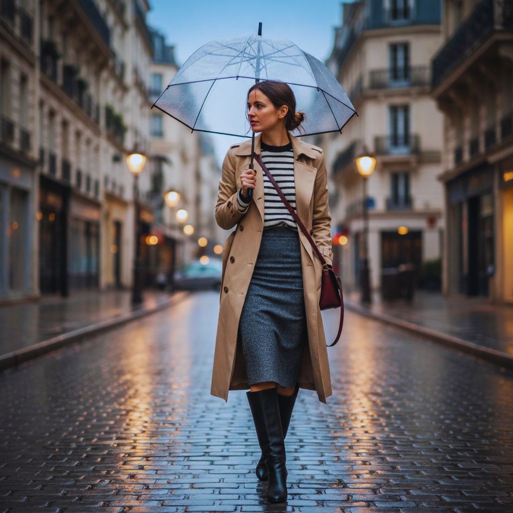 Woman in beige trench raincoat, striped top, slim skirt, and knee-high boots for a chic Parisian rainy-day outfit.