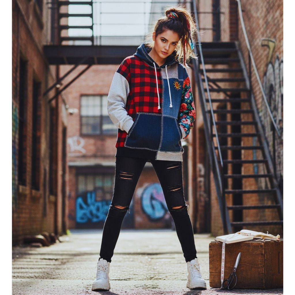 A colorful patchwork hoodie made from mixed fabrics, representing DIY streetwear fashion.