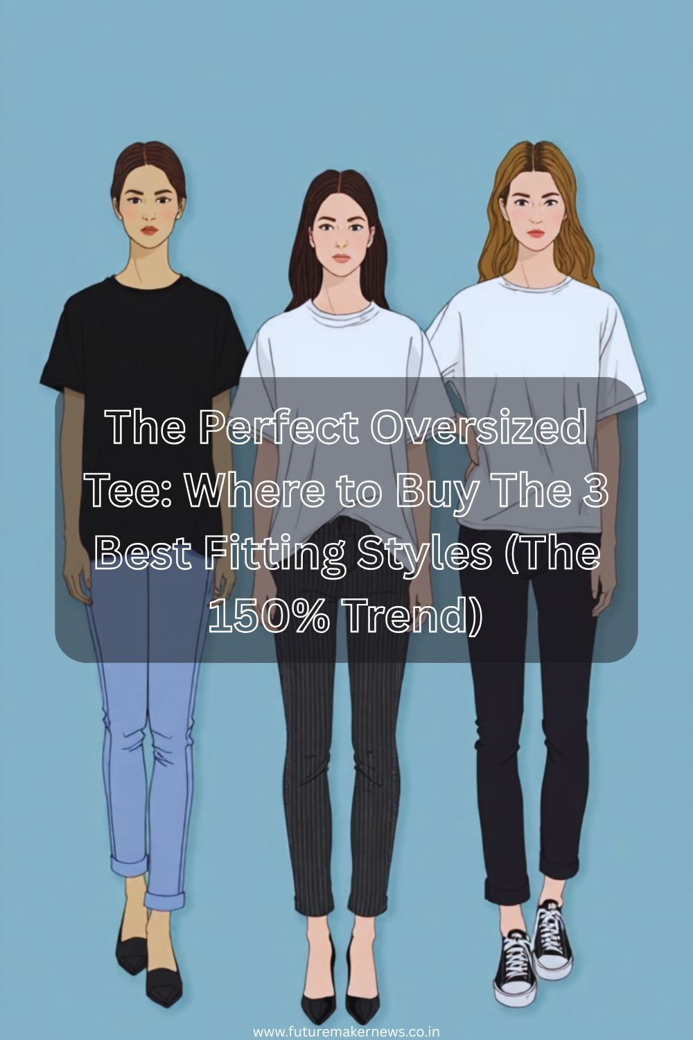 Three oversized T-shirts in different styles — streetwear, minimalist, and vintage — displayed with accessories on a neutral backdrop, showcasing modern unisex fashion trends.