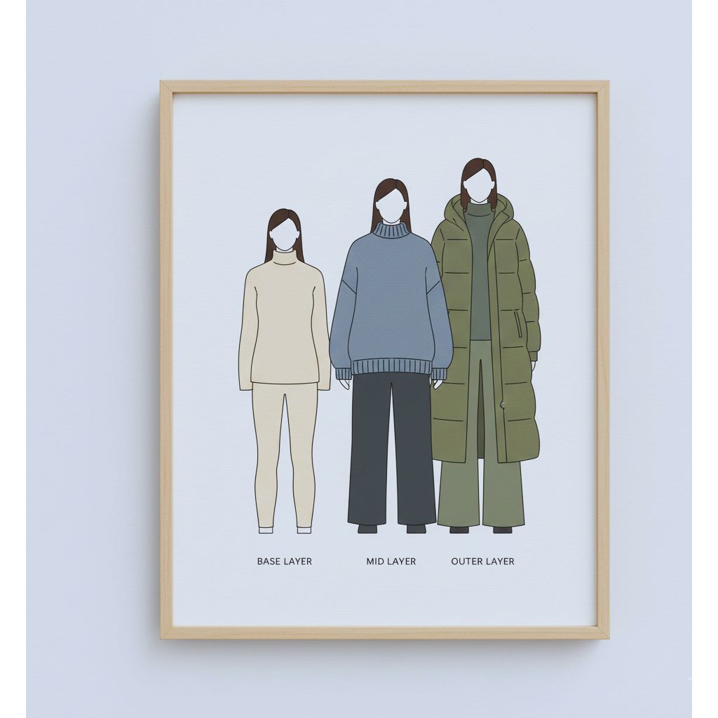 “Three-layer Swedish winter outfit illustration showing base, mid, and outer layers in minimalist Scandinavian style.”