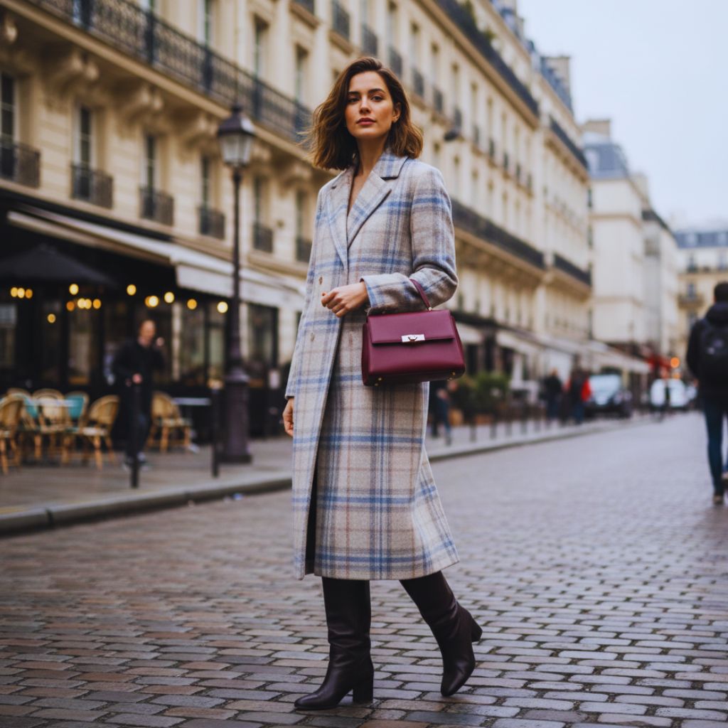 "Woman in long plaid coat with knee boots and structured bag walking on cobblestone street."