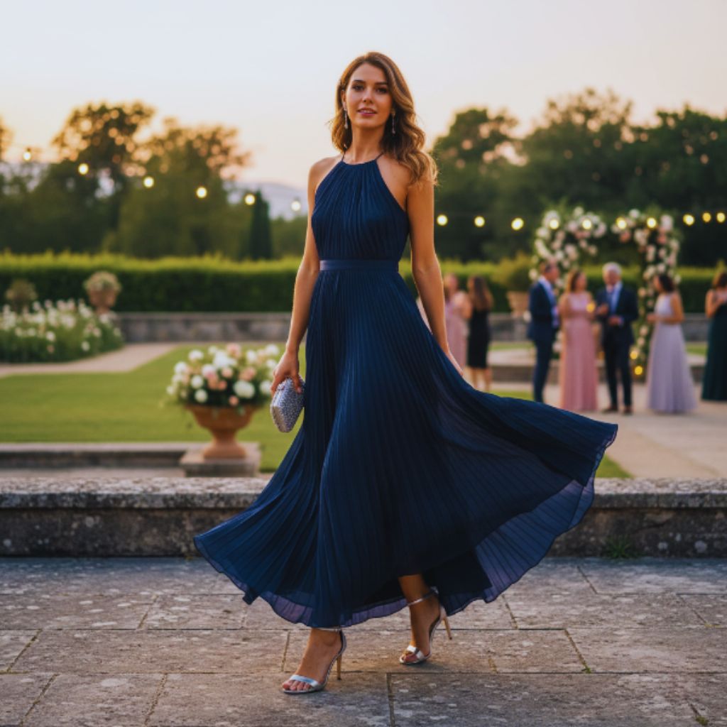 A woman in a pleated maxi dress walking elegantly at a wedding, showcasing modern sophistication.