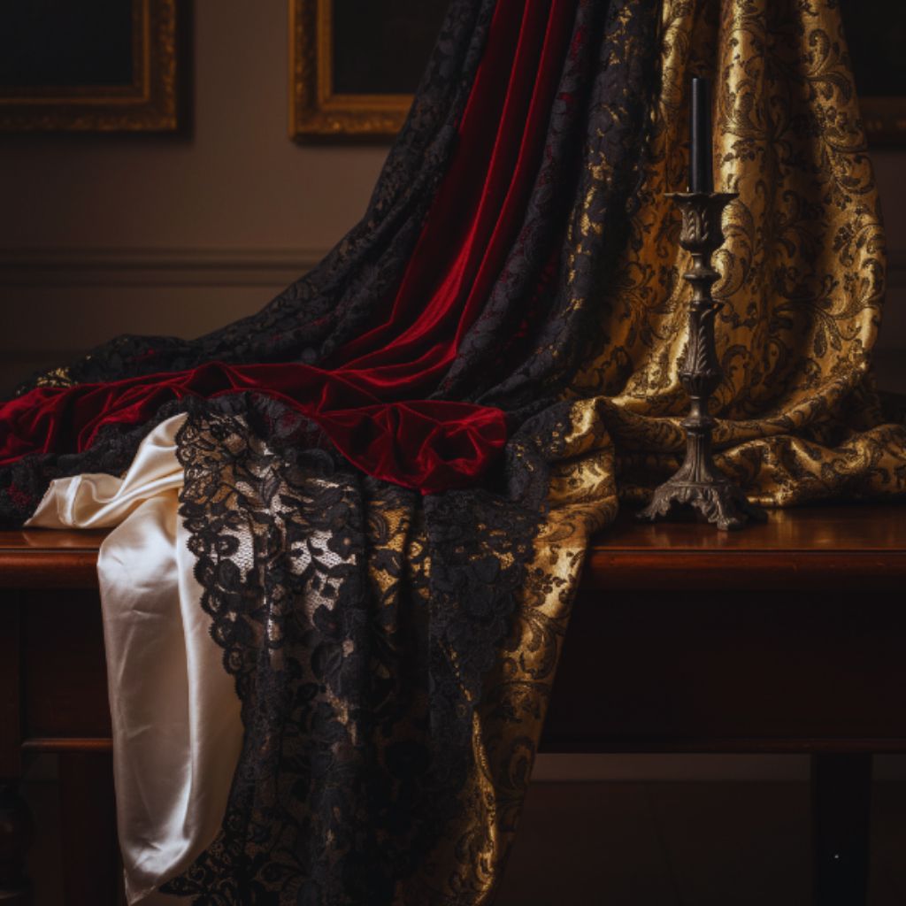 Assortment of velvet, lace, and brocade fabrics in dark, romantic tones with candlelight.