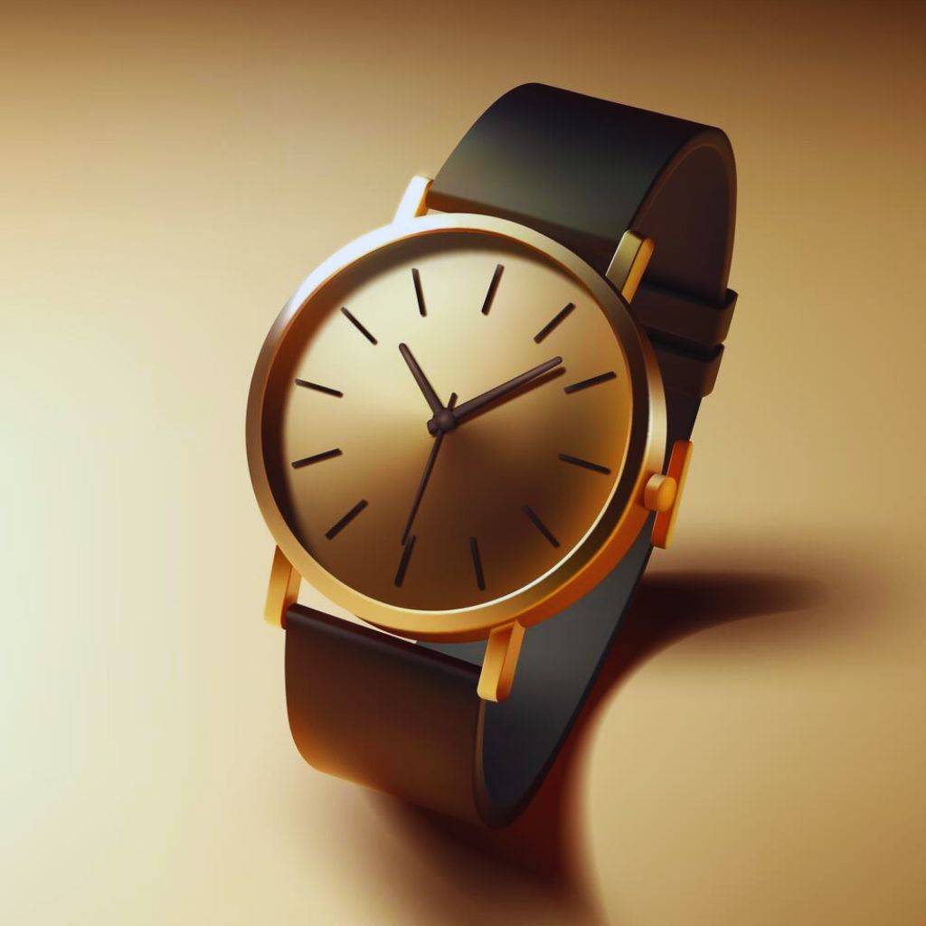 Wrist with a classic analog watch featuring leather or gold strap, worn with a white shirt cuff in a refined preppy setting.