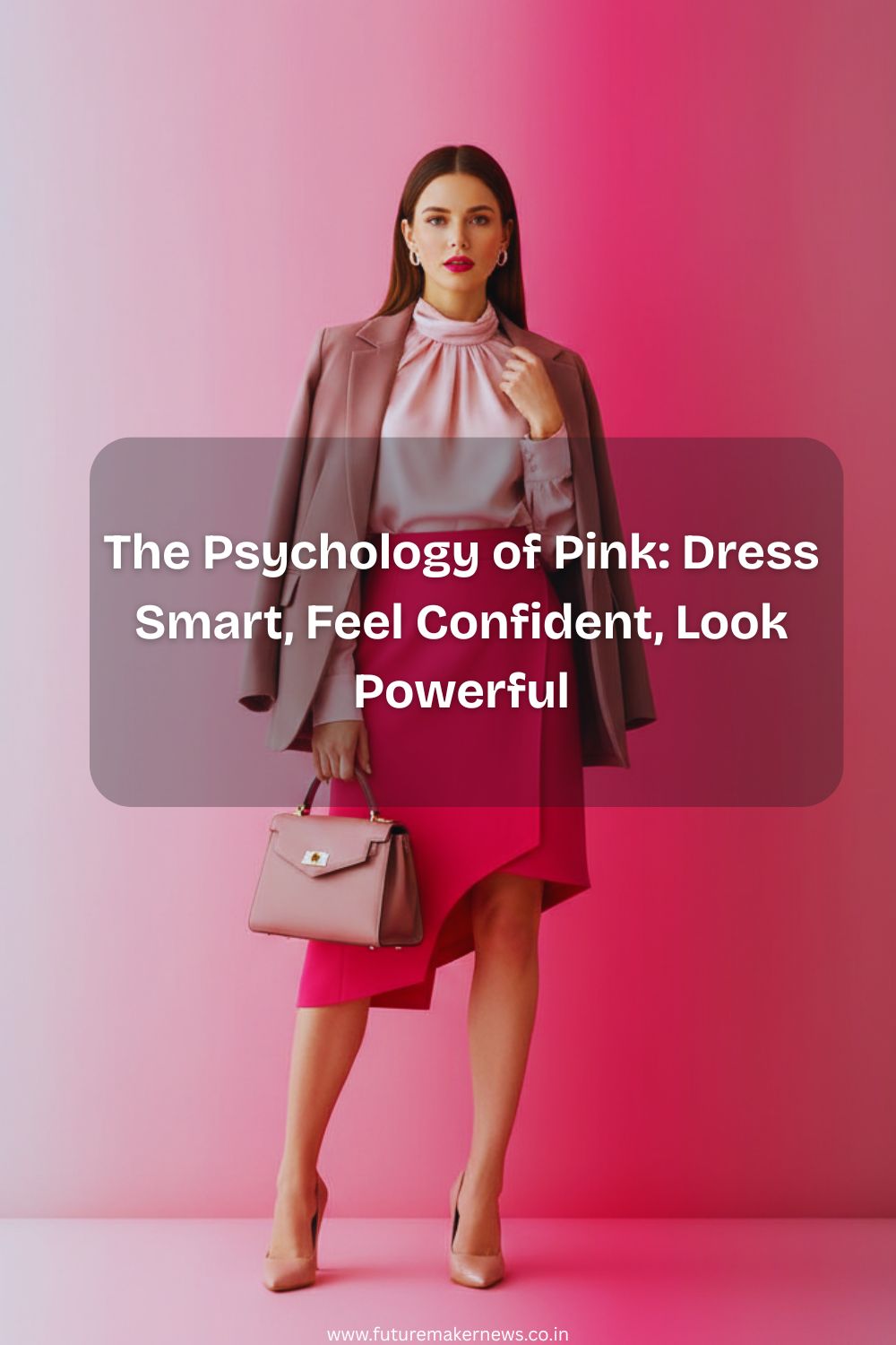 A fashionable woman wearing varying shades of pink, standing against a pink gradient background that symbolizes mood and confidence through color psychology.