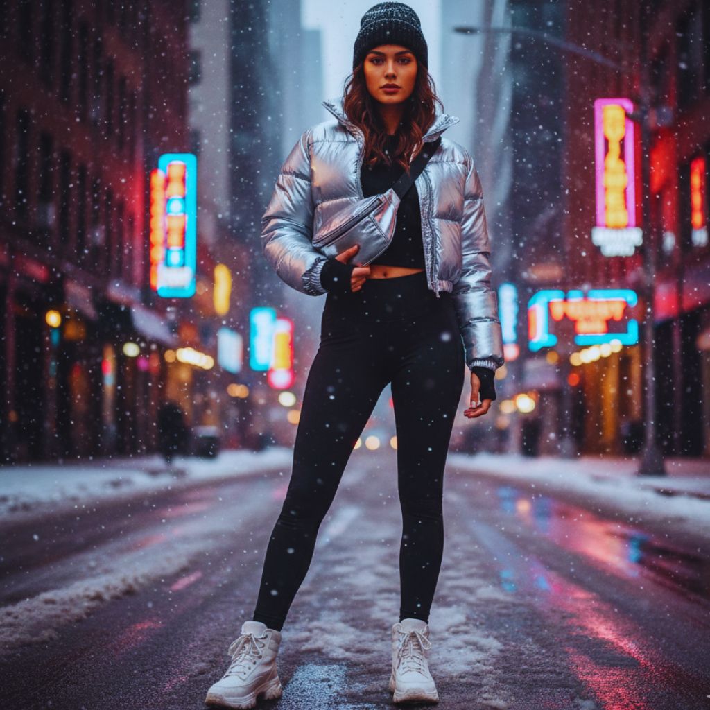 "Woman in metallic cropped puffer jacket, leggings, and beanie posing in winter city setting."