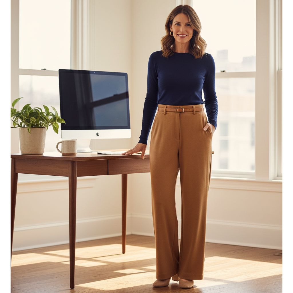 “Stylish woman wearing high-waisted pull-on trousers and a fitted top, standing by her desk in a bright, minimalist home office.”
