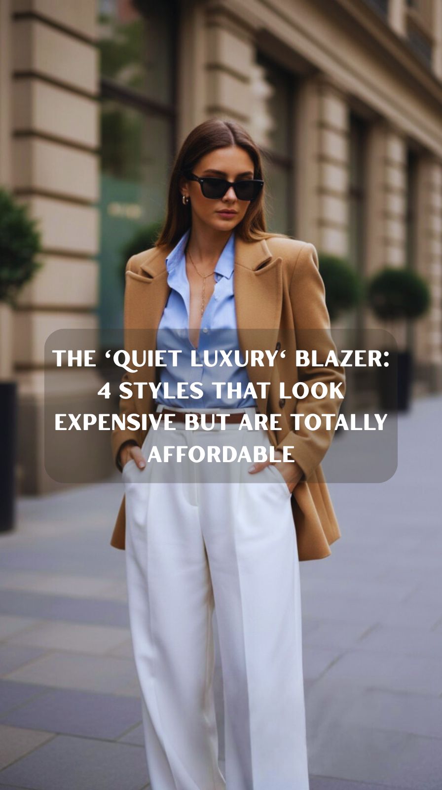 “Four blazers in neutral tones—tailored, oversized, linen, and double-breasted—styled with minimalist gold accessories and a structured tote on a neutral background.”