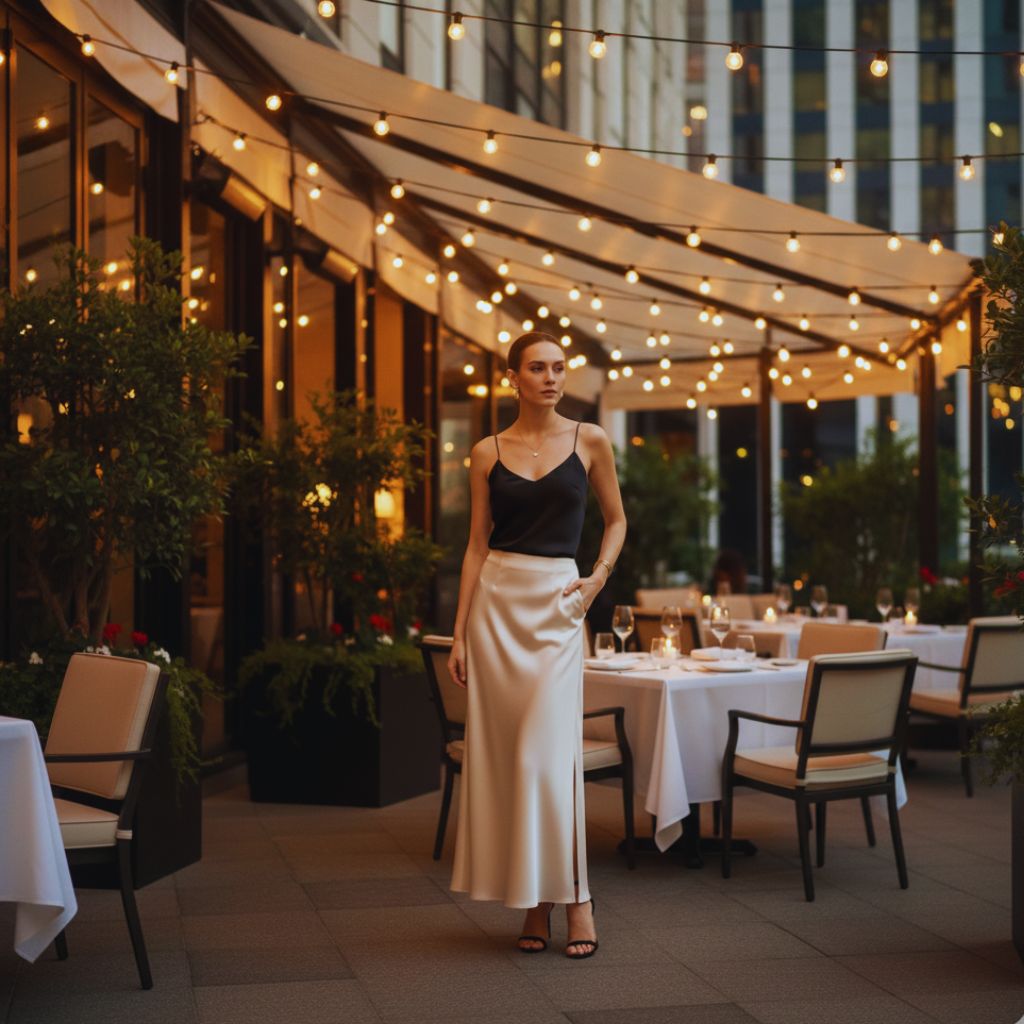 Woman wearing a satin cami and maxi skirt with gold jewelry, embodying minimalist luxury.