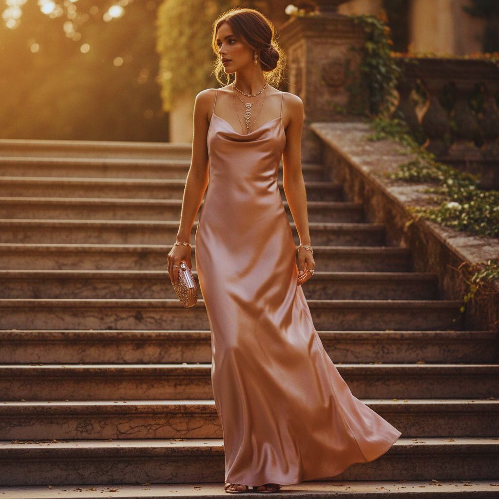 A woman wearing a satin slip dress with strappy heels and gold jewelry, exuding timeless elegance at a wedding.