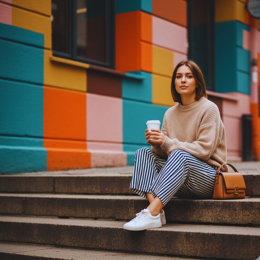 Stylish woman sitting on outdoor steps, wearing trendy streetwear and posing with a relaxed, editorial vibe.